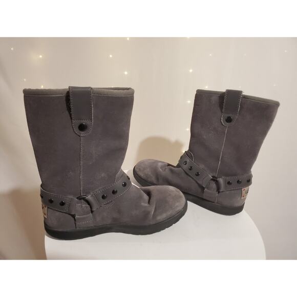 Ugg Heart Kids Suede Shearling Lined Mid Moto Boots Size 4 Gray Winter Leather - Picture 4 of 12
